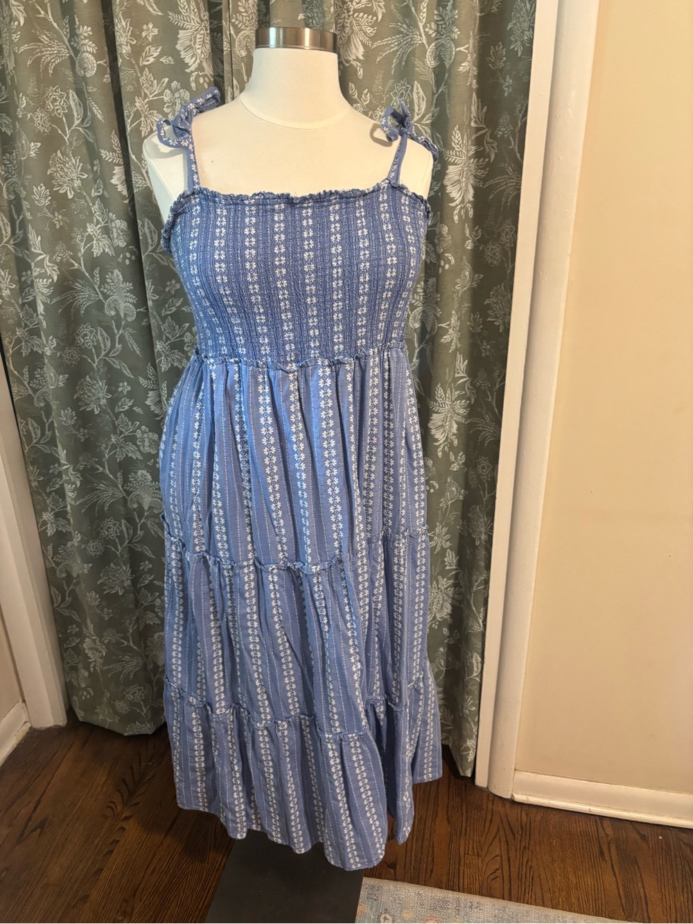 Draper James Blue Striped Tie-Shoulder Tiered Maxi Dress